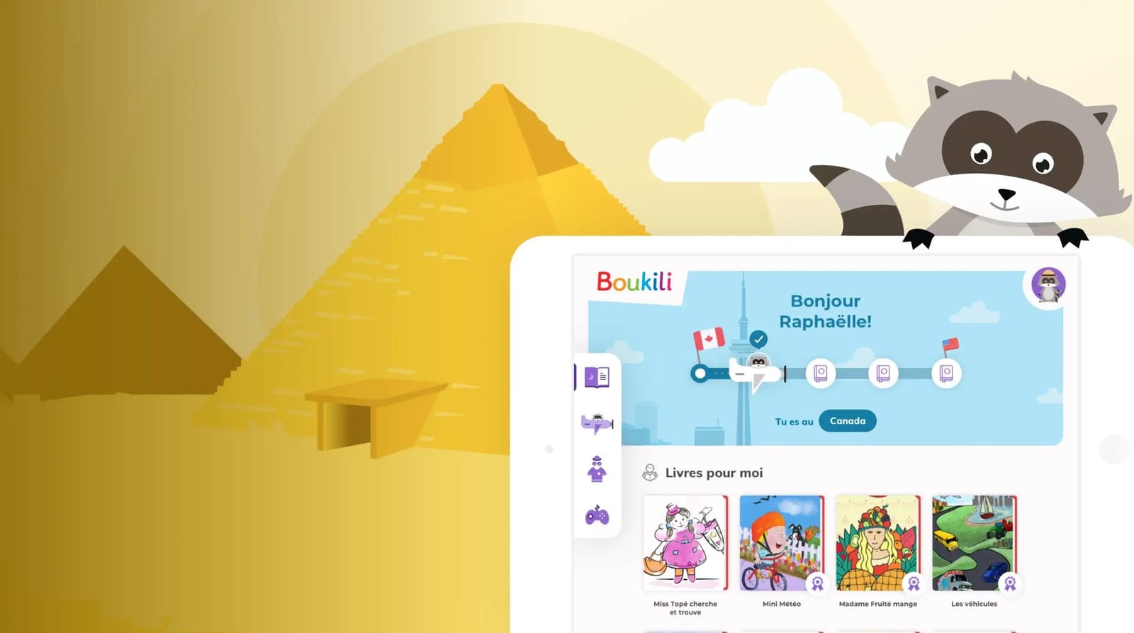 Boukili on a tablet, with its raccoon mascot.