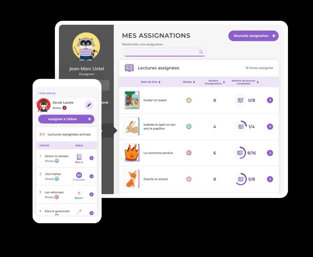 The teacher interface: assigned readings and student progress.
