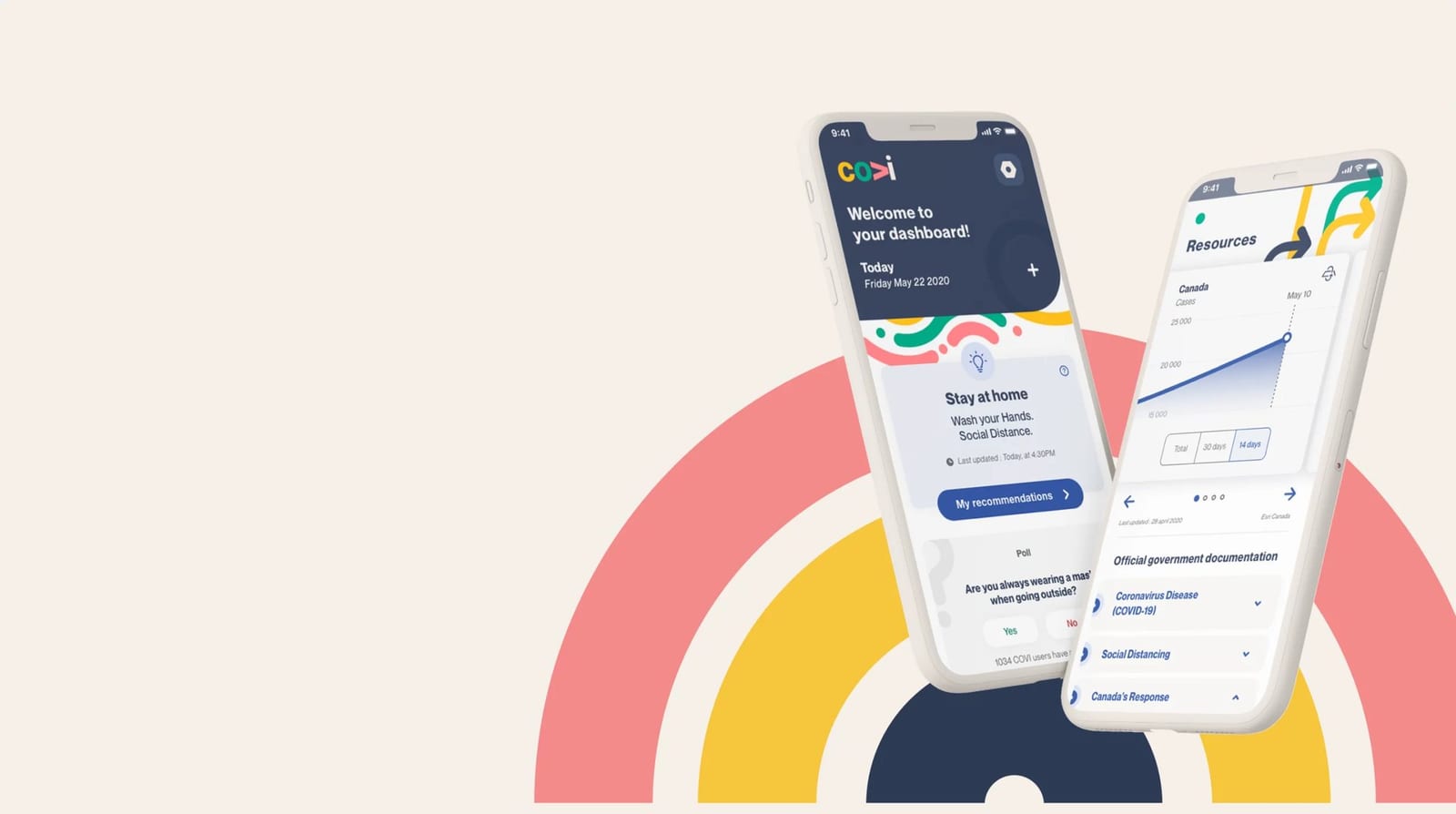 Two phones showing the COVI app’s dashboard and resources.