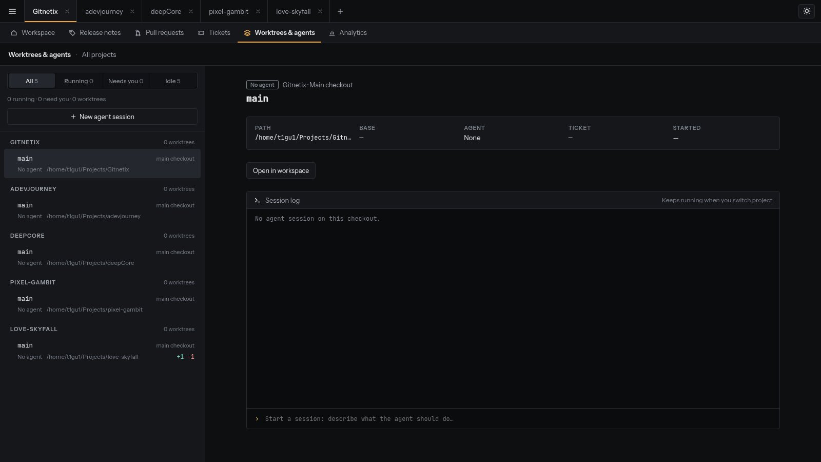Worktrees et agents : chaque copie de travail de chaque projet, et la session d’agent qui y tourne.