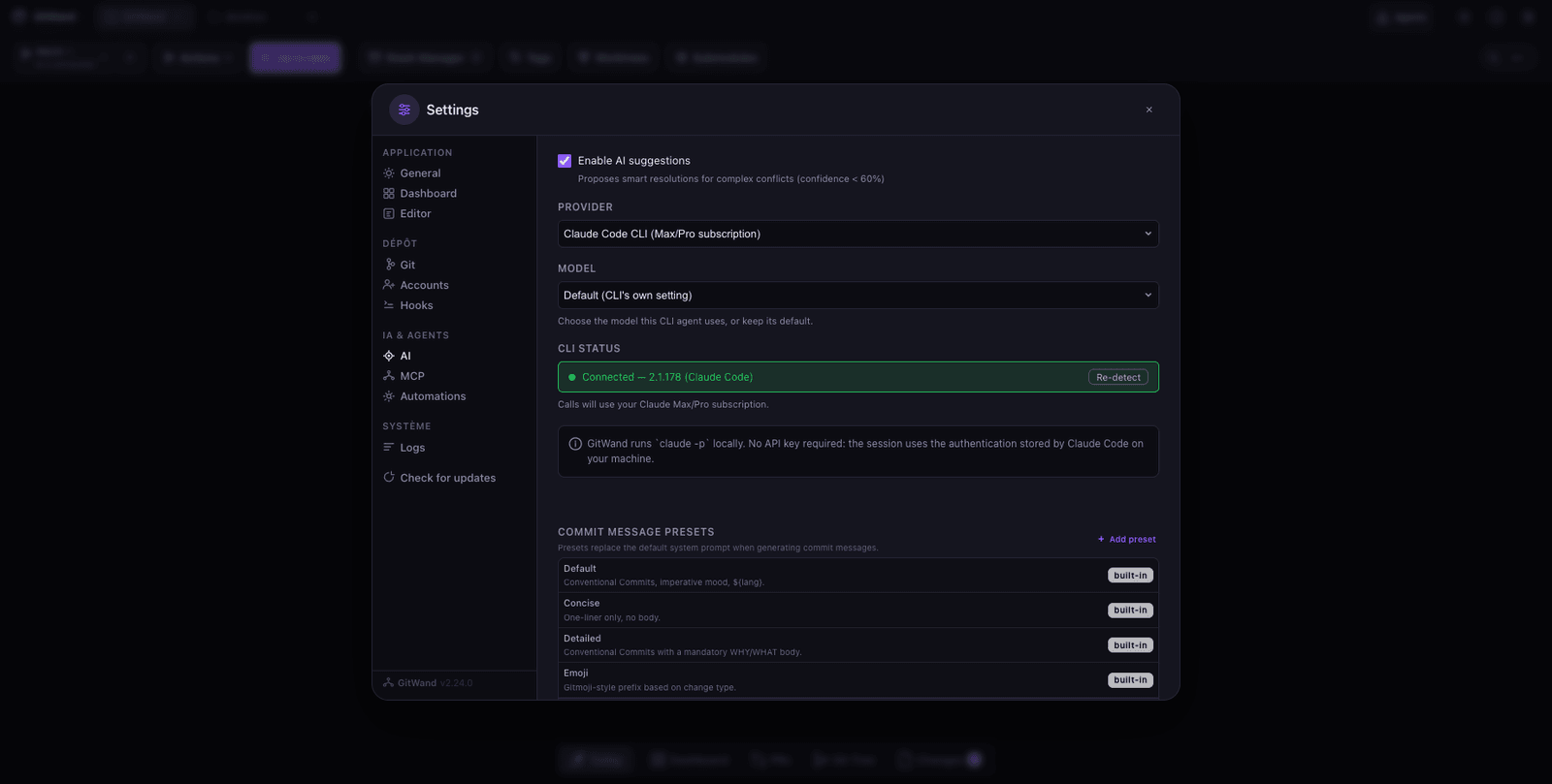 AI settings: provider, model and templates.