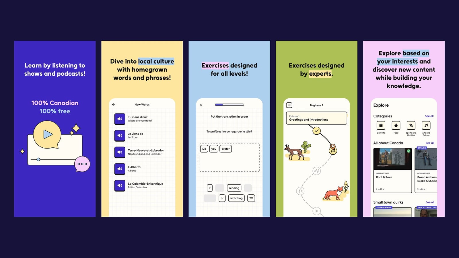 Five Mauril app screens: listening, local words, exercises, the learning path and Explore.