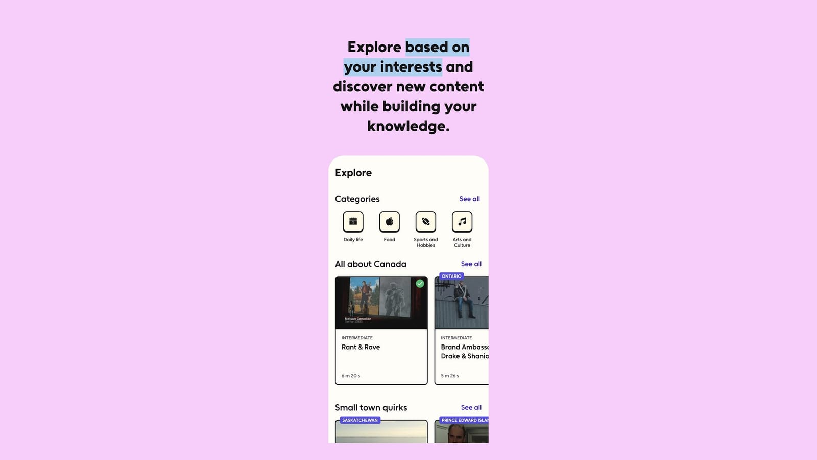 Explorer : du contenu par catégorie et par province.